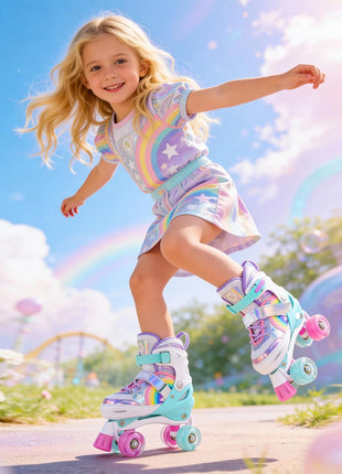 Rainbow Unicorn 4 Size Adjustable Roller Skates for Girls Boys for Kids Ages 3-5 5-8 6-12 Children Skates Indoor Outdoor