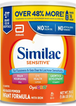 Similac Sensitive Baby Formula Powder for Lactose Sensitivity | Easy-to-digest infant formula for babies with fussiness and gas due to lactose sensitivity, in 29.8 oz value-size can