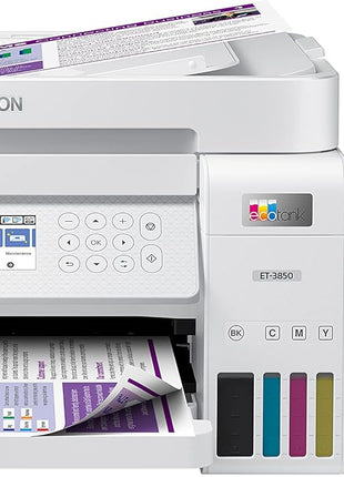 Epson EcoTank ET-3850 Wireless Color All-in-One Cartridge-Free Supertank Printer with Scanner, Copier, ADF and Ethernet – White (Renewed)