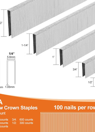 4200-Count 18 Gauge 1/4 inch Narrow Crown Staples (1-1/2 inch 1-1/4 inch 1 inch 3/4 inch 1/2 inch) & 18GA Brad Nails (2 inch 1 inch 5/8 inch), Heavy Duty Galvanized Upholstery Staple for Pneumatic/Electric Stapler Gun/Brad Nailer