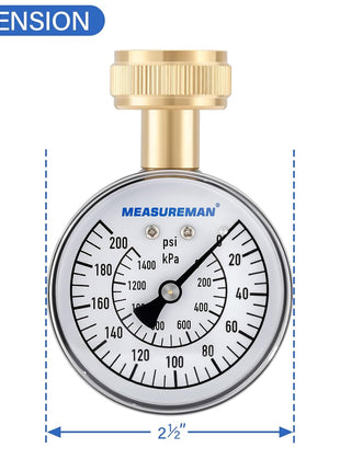 MEASUREMAN Water Pressure Gauge, 0-200 PSI Water Pressure Tester with 2-1/2 Inch Dial & Durable 3/4 Inch Hose Thread, Ideal for Home, Hose Bib (Waterproof Case, Black)