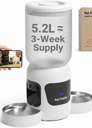 Automatic Cat Feeder with Camera, 5.2L Smart Food Dispenser for Cat & Dog | 1080P HD Video with Night Vision, 2.4G/5G WiFi Pet Feeder, 2-Way Audio & Meal Call Pet Food Dispenser, Motion Capturing
