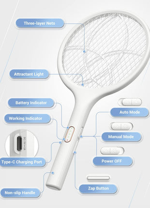 YISSVIC Electric Fly Swatter 4000V Bug Zapper Racket Dual Modes Mosquito Killer with Purple Mosquito Light Rechargeable for Indoor Home Office Backyard Patio Camping