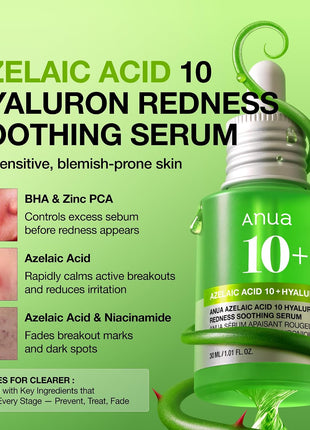 Anua Azelaic Acid 10 Hyaluron Redness Soothing Serum, Facial Serum for Blemish-Prone & Oily-Prone Skin, Lightweight & Hydrating Blemish Care, Hyaluronic Acid, Korean Skincare, 1.01 fl oz.