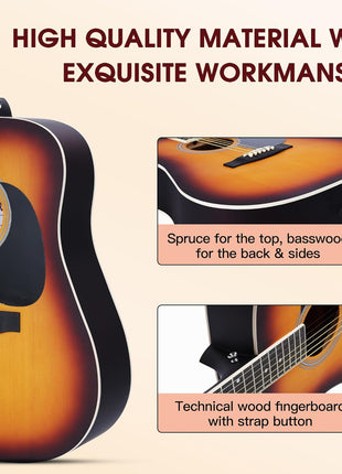 ADM Dreadnought Acoustic Guitar Kit with Free Lesson for Beginner Adult Teen Full Size Acustica Guitarra Starter Bundle Set w/Bag Strap Tuner Capo Pickguard Music Stand Right Hand(Sunburst, 41 Inch)