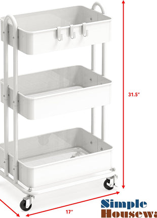 Simple Houseware 3-Tier Heavy Duty Metal Utility Rolling Cart, White