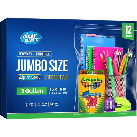 12 Large Storage Bags With Zipper Top - 3 Gallon Size, 16 inch x 18 inch, Extra Large Plastic for Clothes, Travel, Moving, Large Reusable freezer bags, BPA-Free, 2-mil Thick