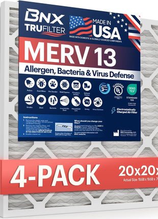 BNX TruFilter 20x20x1 MERV 13 (4-Pack) AC Furnace Air Filter - MADE IN USA - Electrostatic Pleated Air Conditioner HVAC AC Furnace Filters - Removes Pollen, Mold, Bacteria, Smoke
