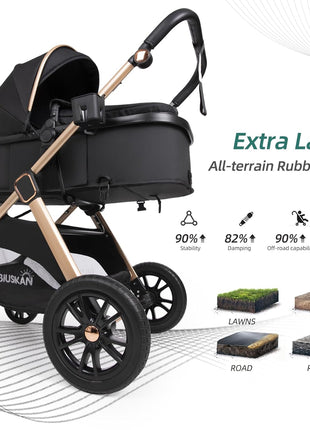 6-in-1 Convertible Baby Stroller with Bassinet Pushchair - Folding Infant Newborn Stroller w/Footmuff, Rain Cover, Cup Holder & Large Storage, Toddler w/All-Scene Large Wheels, Reversible Seat(Black)