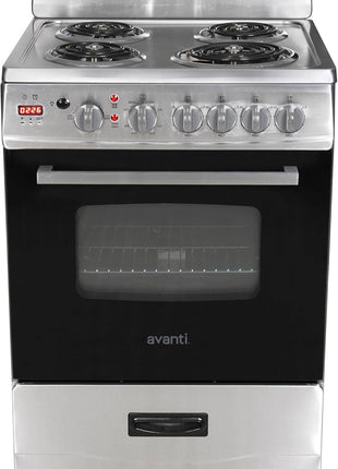 Avanti Compact Series Electric Range Oven with Framed Glass Door, 4 Coil Burners for Flexible Cooking, Pull-Out Storage Drawer, 2.6 Cu.Ft., in Stainless Steel
