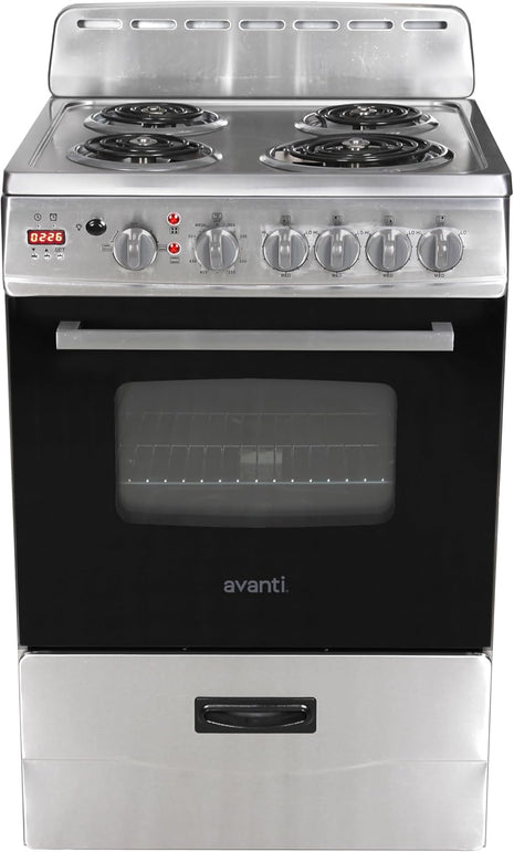 Avanti Compact Series Electric Range Oven with Framed Glass Door, 4 Coil Burners for Flexible Cooking, Pull-Out Storage Drawer, 2.6 Cu.Ft., in Stainless Steel