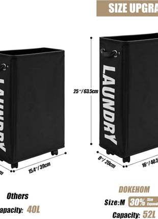 DOKEHOM 25 Inches Slim Laundry Basket on Wheels, Collapsible Rolling Laundry Hamper, Foldable Narrow Corner Clothes Storage Bins (Black)