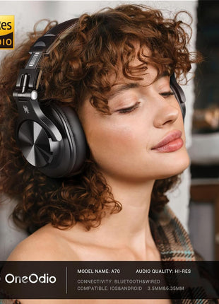 OneOdio A70 Bluetooth Over-Ear Headphones, Hi-Res Wired DJ Studio - Black | Wireless over-ear headphones with 72H playtime, 3.5mm/6.35mm wired jacks for studio monitoring, mixing, guitar, amp and PC