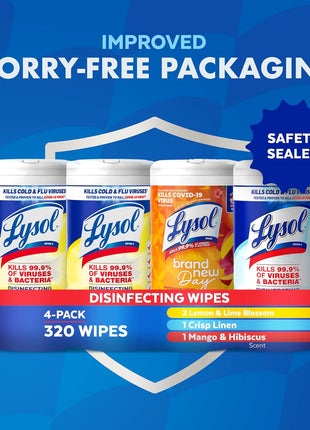 Lysol Disinfecting Wipes, Cleaner, Lemon + Mango + Linen, 80 ct. (4 Pack) | All Purpose Cleaner, Sanitizing, Deodorizing, Apartment Essentials, Back To School Cleaning Supplies, Kitchen & Bathroom Wipe