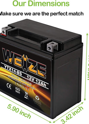 Weize YTX14 BS ATV Battery High Performance - Maintenance Free - Sealed AGM YTX14-BS Motorcycle Battery compatible with Honda Suzuki Kawasaki Yamaha scooter snowmobile