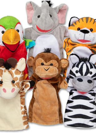 Melissa & Doug Safari Buddies Hand Puppets, Set of 6 (Elephant, Tiger, Parrot, Giraffe, Monkey, Zebra) Soft, Plush Puppet, Stuffed Animals, Pretend Play Toddler Toys for Girls & Boys 2+