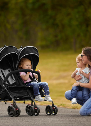 Dream On Me Volgo Twin Umbrella Stroller in Black, Lightweight Double Stroller for Infant & Toddler, Compact Easy Fold, Large Storage Basket, Large and Adjustable Canopy