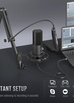 FIFINE Studio Condenser USB Microphone Computer PC Microphone Kit with Adjustable Boom Arm Stand Shock Mount for Instruments Voice Overs Recording Podcasting YouTube Vocal Gaming Streaming-T669