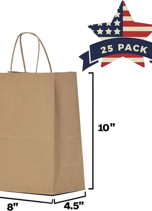 Qutuus Kraft Paper Gift Bags with Handles 8x4.5x10 25Pcs Brown Gift Bags Bulk Medium Size Small Business Bags, Party Bags, Retail Kraft Shopping Bags