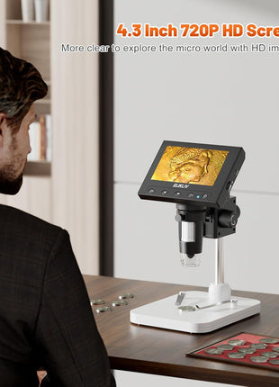 Elikliv Microscope, LCD Digital Coin Microscope 1000x, Coin Magnifier with 8 Adjustable LED Lights, PC View Compatible with Windows/MacBook, EDM4, 4.3-Inch