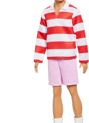 Barbie Fashionistas Ken Doll #241 with Blonde Hair | Wearing Red and White Striped Polo Shirt with Pink Shorts, White Crew Socks and Sneakers