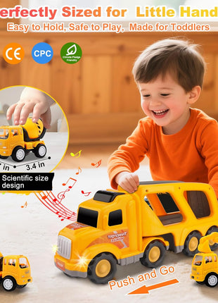 Construction Truck Toys for Toddler 3-4: 5-in-1 Vehicles with Sound Lights | 13 inch Big Carrier 4 Mini Truck - Great for Little Boys Daily Repeat Play - Ideal Christmas Birthday Gifts for Boy Grandkids