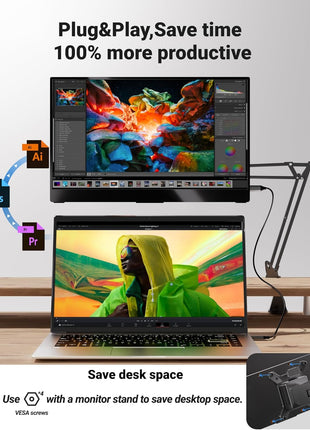 Ingnok Portable Monitor for Laptop,15.6 Inch USB C Screen Extender | FHD 1080P with Adjustable Stand,USB C Mini HDMI Port for Mac,mini PC,Built-in Speakers ,Easy to Set up,VESA