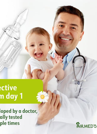 Airmed's Vac Nasal Aspirator Baby. CLINICALLY Tested, Safe and Gentle. Baby Nose Sucker with 2 Suction Heads and Cleaning Brush. Safe and Gentle Baby Nasal Aspirator with Strength of a Vacuum Cleaner