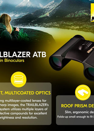 Nikon Trailblazer 8x25 ATB Black Binoculars 8218 | Waterproof, Fogproof, Dual-hinge design, Compact Binocular, Black Rubber Armoring, Mutlilayer-coated lenses | Official Nikon USA Model