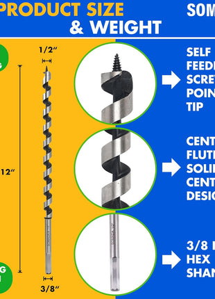1/2-Inch x 12-Inch Auger Drill Bit for Wood, Hex Shank 3/8-Inch One Piece, Ship Auger Long Drill Bit for Soft and Hard Wood, Plastic, Drywall and Composite Materials