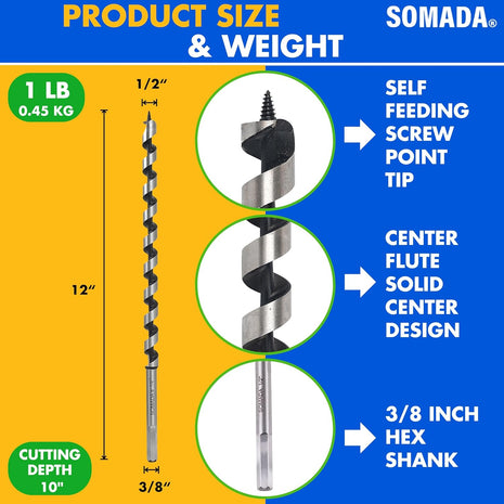 1/2-Inch x 12-Inch Auger Drill Bit for Wood, Hex Shank 3/8-Inch One Piece, Ship Auger Long Drill Bit for Soft and Hard Wood, Plastic, Drywall and Composite Materials