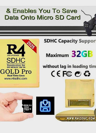 R4 SDHC Gold Pro Adapter with 32 GB Micro SD with YS Menu with 500 in 1 Will Work On DS DSI DSIXL 2DS 2DSXL 3DS 3DSXL