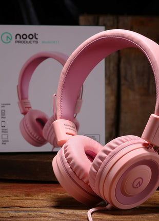 noot products Kids Headphones K11 Foldable Stereo Tangle-Free 5ft Long Cord 3.5mm Jack Plug in Wired On-Ear Headset for iPad/Girls/Boys/School/Laptop/Travel/Plane/Tablet-Soft Pink