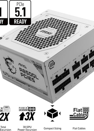 MSI MAG A850GL PCIE5 White, Fully Modular Compact Gaming 850W Power Supply, 80+ Gold, ATX 3.1 & PCIe 5.1 Ready, Native Dual-Color 12V-2x6 Cable, 10 Year Warranty