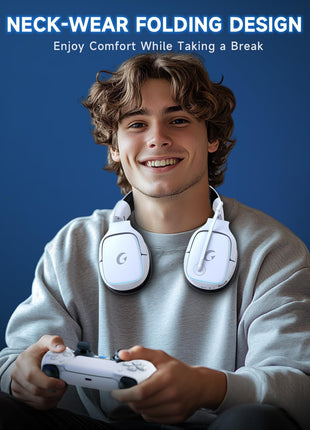Gvyugke 2.4GHz Wireless Gaming Headsets for PS5, PS4, PC, Switch - Bluetooth 5.3 Gaming Headphones with Noise Canceling Mic, 7.1 Surround Sound, 70H Battery, Blue Lighting - White