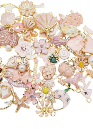 40pcs(20PAIRS) Assorted Gold Tone Enamel Animals Fruit Moon Star Dainty Dangle Flowers Pendants Charms for Jewelry Making Necklace Bracelet, Pink Theme