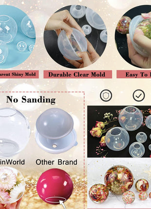 RESINWORLD Set of 4, 3", 2.5", 2", 1.7", 1.3", 0.9" Clear Silicone Sphere Molds, Large 3D Seamless Sphere Silicone Molds for Resin Casting, Round Ball Orbs Epoxy Resin Mold for Jewelry, Soap, Candle