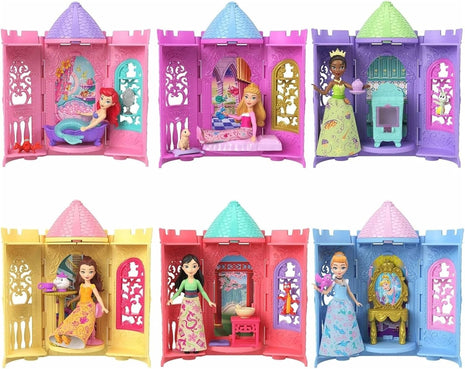 Mattel Disney Princess or Villains Tower Surprise Small Doll & Stacking Playset with 3-4 Accessories, Inspired by Movies (Characters May Vary)