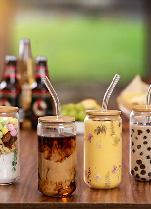 Drinking Glasses with Bamboo Lids and Glass Straw 4pcs Set - 16oz Glass Cups, Iced Coffee Glasses, Cute iced Tea Glasses, Beer Glasses, Ideal for Coffee Bar Accessories, Aesthetic Gift - 2 Brushes
