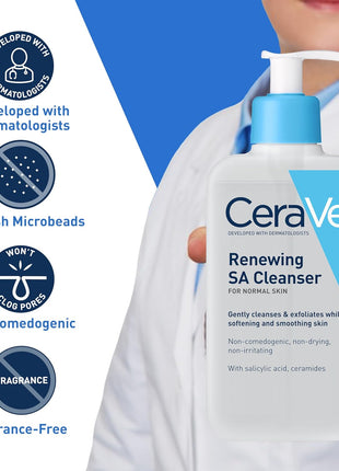 CeraVe Renewing Salicylic Acid Cleanser, BHA Exfoliating Face Wash, 16oz | Skin Care with Hyaluronic Acid & Niacinamide, Facial Cleanser, Face Cleanser, Ceramides, Fragrance Free, Non-Comedogenic