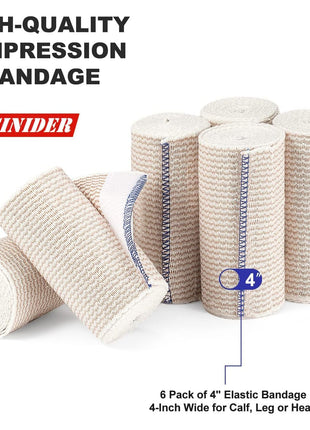 FRESINIDER Premium Elastic Bandage Wrap, 6 Pack 4 inch Cotton Latex Free Compression Bandage Wrap with Touch Closure at Both Ends, Support & First Aid for Sports, Medical, and Injury Recovery