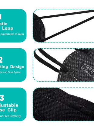 LEMENT 50pcs KN95 Face Mask Black 5-Layer Filter≥95% Cup Dust Safety Masks | 5-layer filtration, breathable fit, elastic ear loops, cup design, for adults, ideal travel, work, commuting & daily use