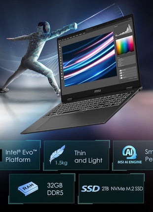 msi Prestige 16 AI Evo Laptop: Intel Ultra 7-155H, 16 inch UHD+ OLED Display, 32GB DDR5, 2TB NVMe SSD, HDMI, SD Card Reader, Win 11 Pro: Stellar Gray B1MG-020US