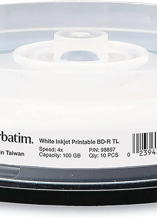 Verbatim BD-R XL 100GB 4X White Inkjet Printable, Hub Printable - 10pk Spindle