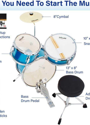 Mendini By Cecilio 13 Inch Drum Set, 3-Piece Junior Drum Set - Sky Blue | Drum Set for Beginners with Bass, Tom, Snare Drum,Cymbal, Drumsticks, Adjustable Padded Seat