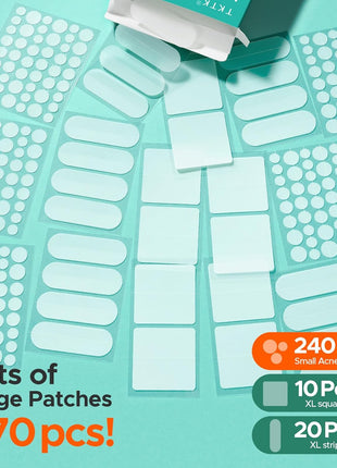 TKTK Hydrocolloid Bandages, 45 x 45 mm Large Pimple Patches for Face, XL Acne Patches for Body, Back, Forehead, Cheek Zit Breakouts, Big Hydrocolloid Patch (Square, Strip, Dot 5 Sizes 270 Count)