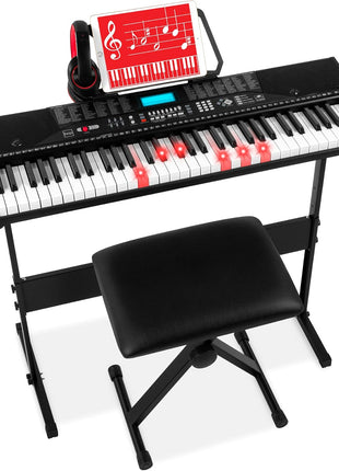 Best Choice Products 61 Key Beginners Complete Electronic Keyboard Piano Set w/Lighted Keys, LCD Screen, Headphones, Stand, Bench, Teaching Modes, Note Stickers, Built In Speakers   Black