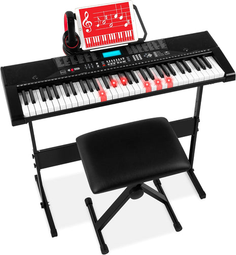 Best Choice Products 61 Key Beginners Complete Electronic Keyboard Piano Set w/Lighted Keys, LCD Screen, Headphones, Stand, Bench, Teaching Modes, Note Stickers, Built In Speakers   Black