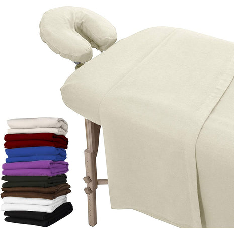 LONDON LINENS Extra Thick 3 Piece Set Massage Table Sheets Set - 100% Natural Cotton Flannel - Includes Massage Table Cover, Massage Fitted Sheet, and Massage Face Rest Cover (Natural)