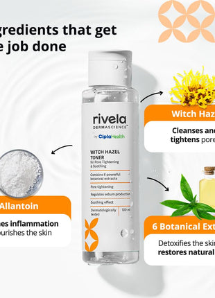 Rivela Dermascience Witch Hazel Face Toner By Cipla | For Pore Tightening & Soothing | Alcohol Free | Hydrating Toner For Glowing Skin | With 6 Botanical Extracts | Regulates Sebum Production | 100 ml